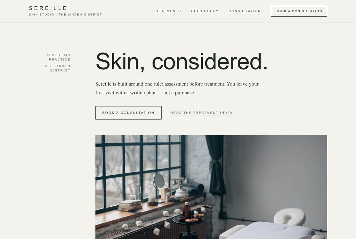 Sereille homepage — porcelain consult-chart layout with a daylight treatment room photograph