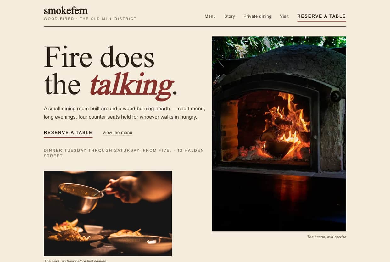 Smokefern homepage — parchment editorial spread with a wood-fired hearth photograph
